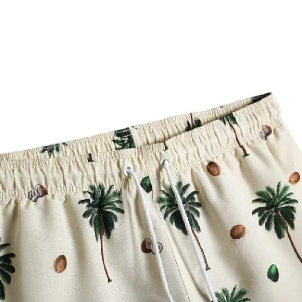 Cream Vacation Style Men's Coconut Tree Print Swim Trunks